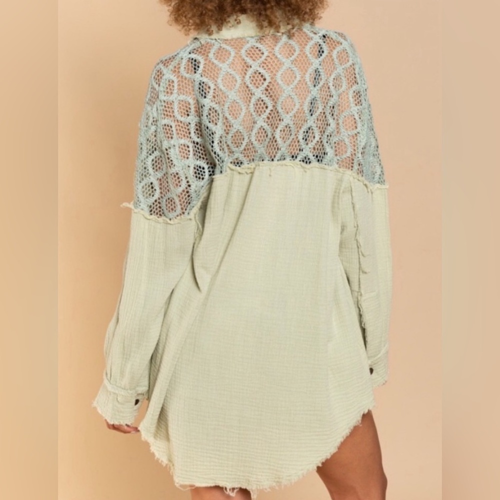 POL Stylish Matcha Green Lace Crochet Overlay Shirt - Perfect for Layering - Picture 3 of 7